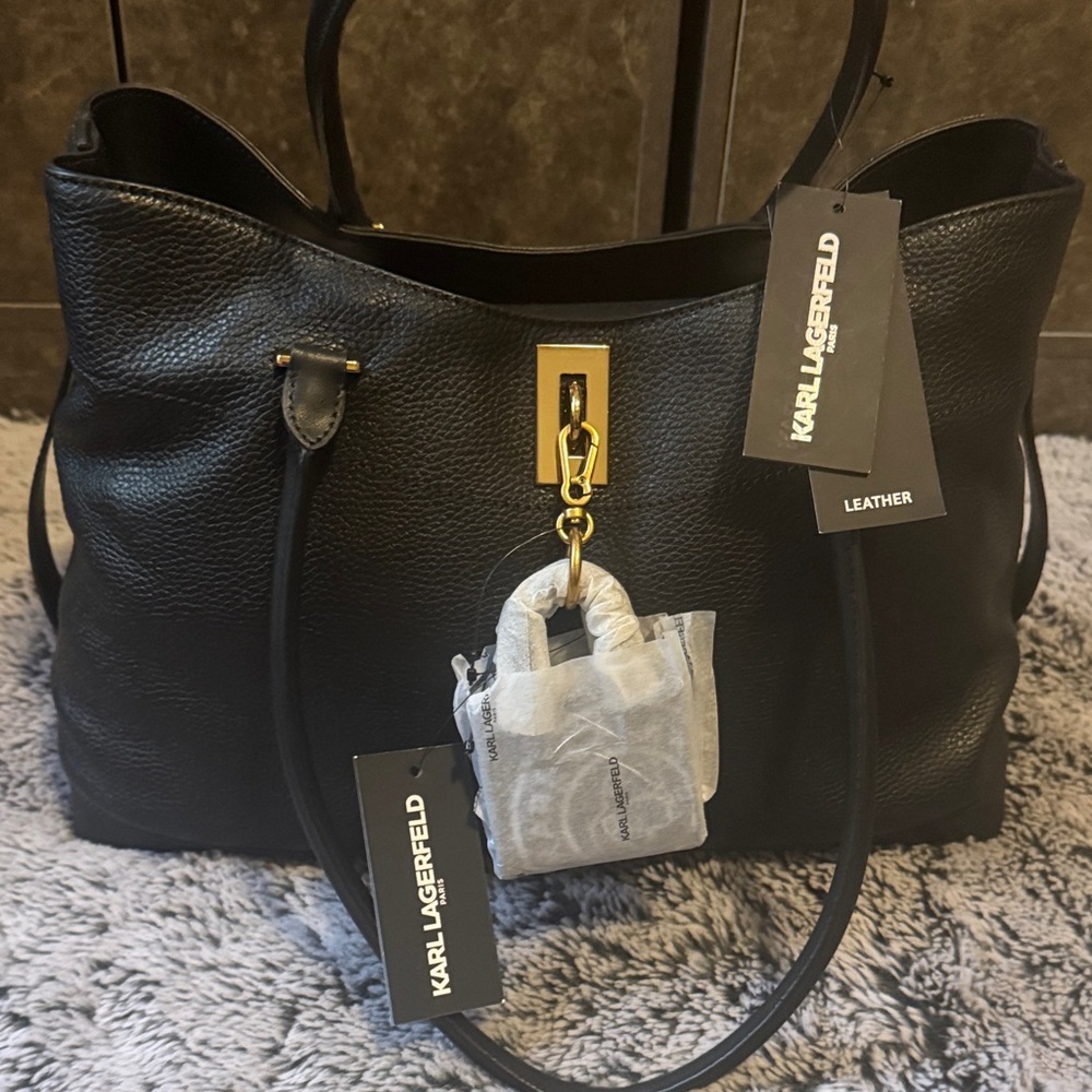 Karl Lagerfeld Black Leather Tote with Gold-Tone Accent With Added Charm & Dusty